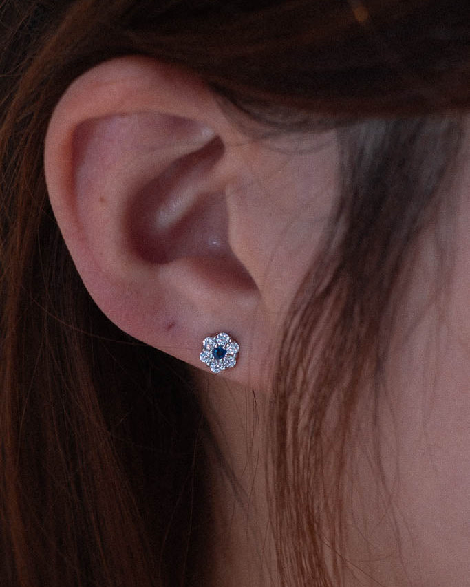 Blue Sapphire Flower Studs